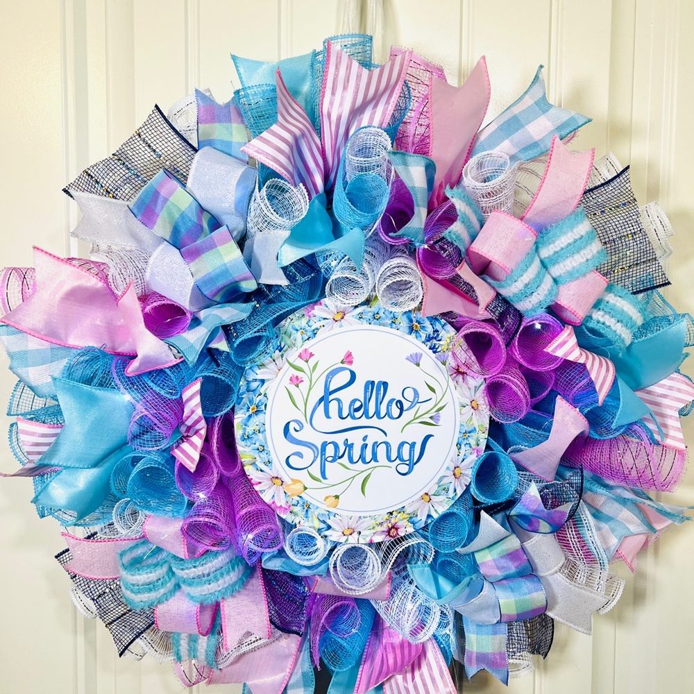 Handmade Hello Spring Prelit Ribbon Wreath 22 in LED W3 - Picture 7 of 9